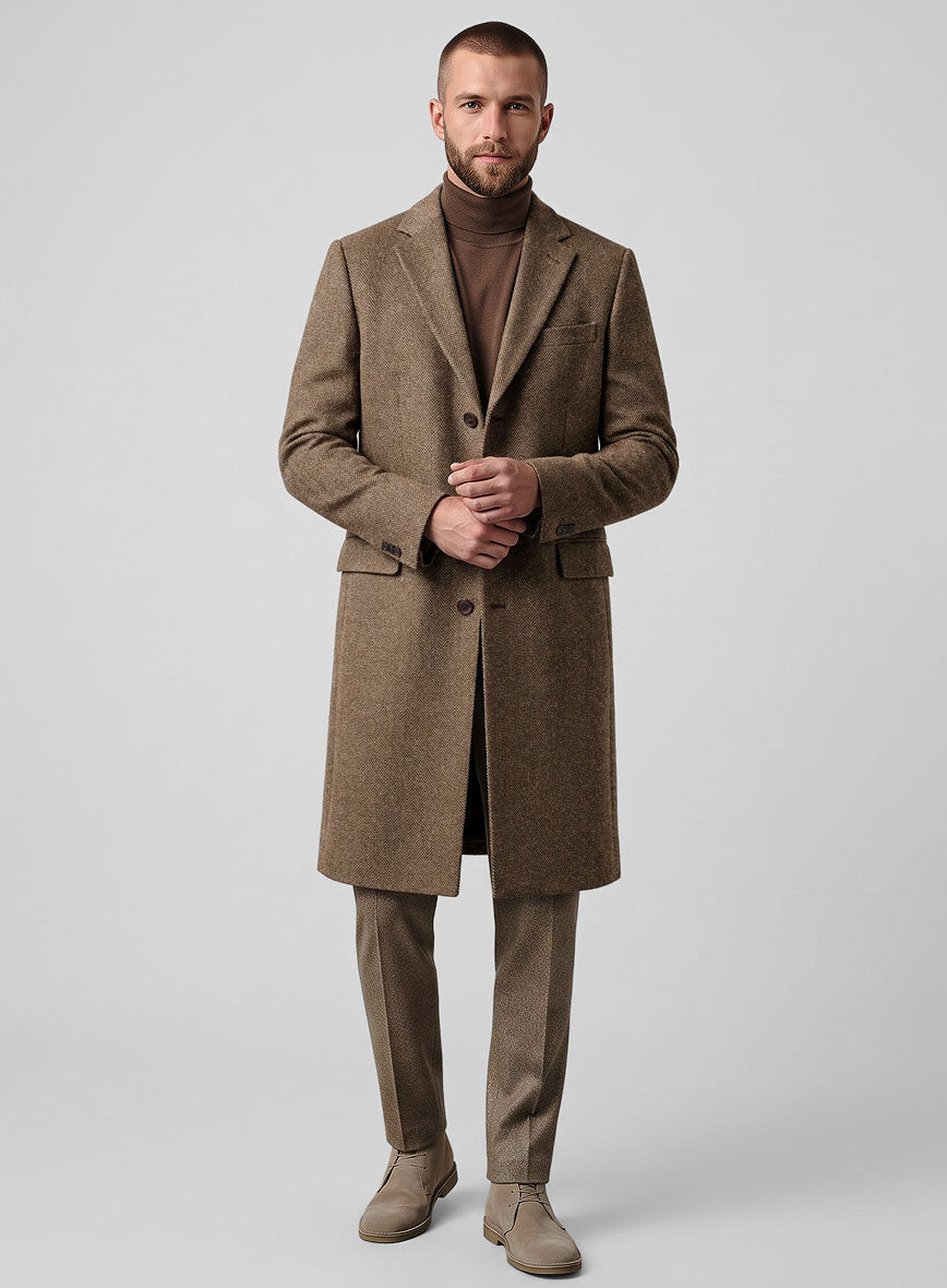 Irish Brown Herringbone Tweed Overcoat - StudioSuits