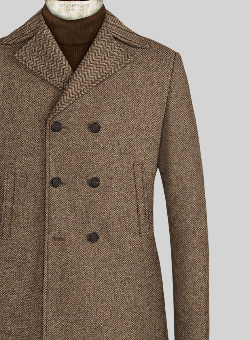 Irish Brown Herringbone Tweed Pea Coat - StudioSuits