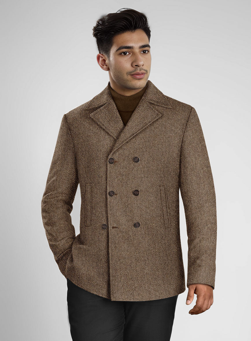 Irish Brown Herringbone Tweed Pea Coat - StudioSuits