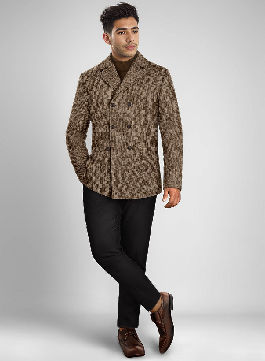 Irish Brown Herringbone Tweed Pea Coat - StudioSuits