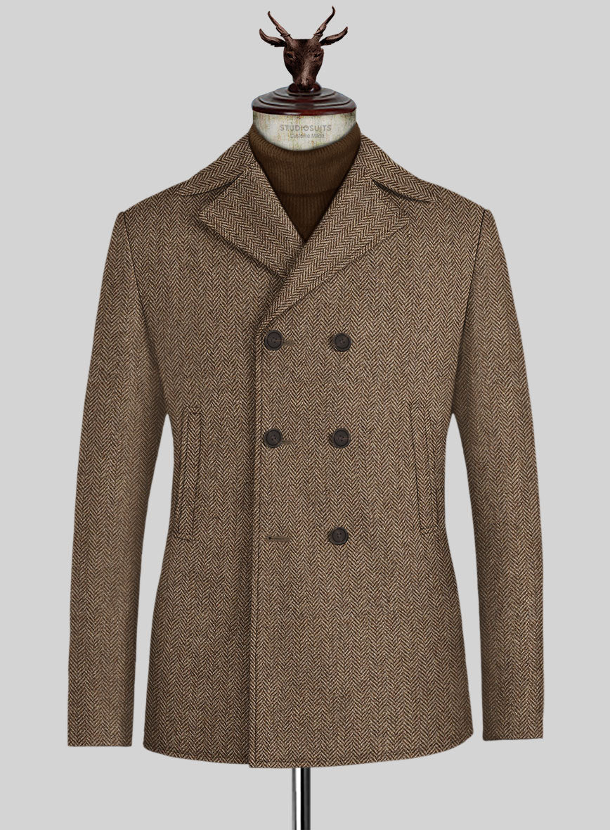 Irish Brown Herringbone Tweed Pea Coat - StudioSuits