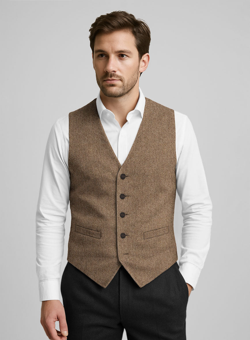 Irish Brown Herringbone Tweed Waist Coat - StudioSuits
