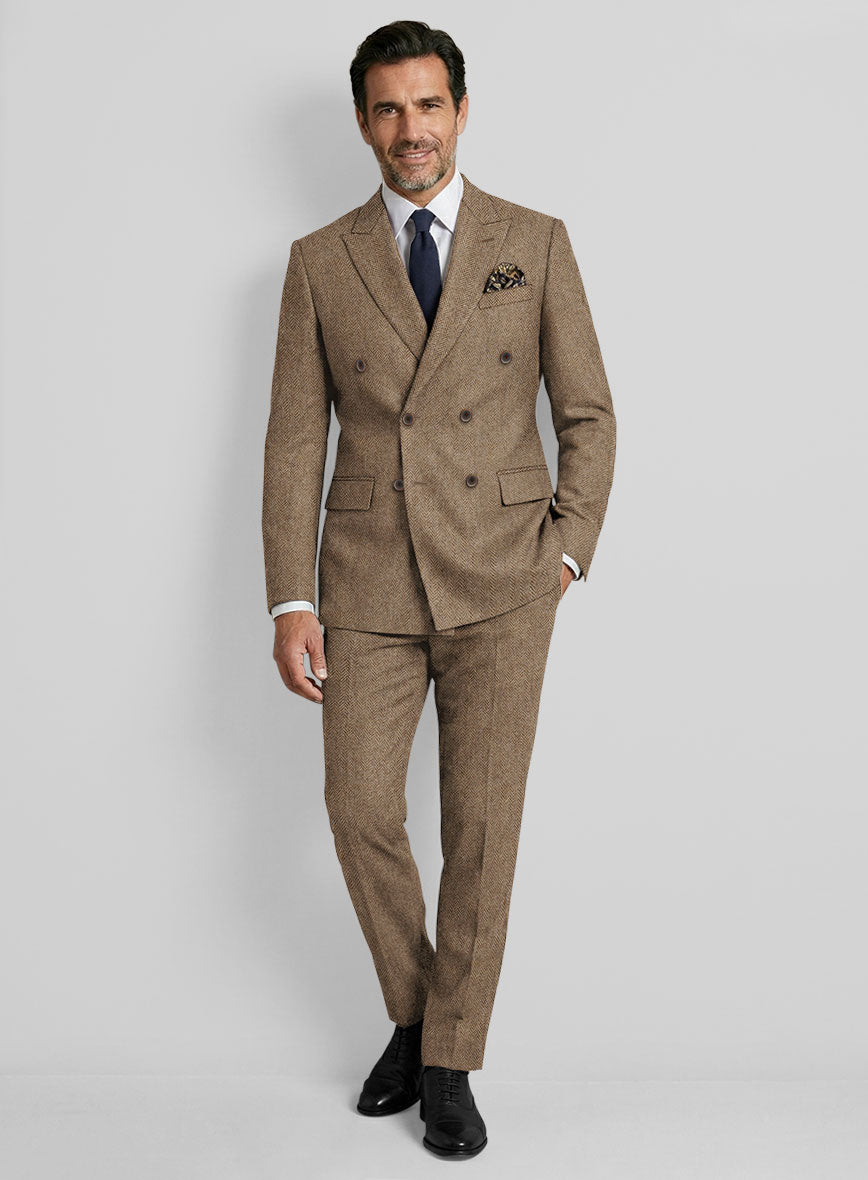 Irish Brown Herringbone Tweed Double Breasted Suit - StudioSuits