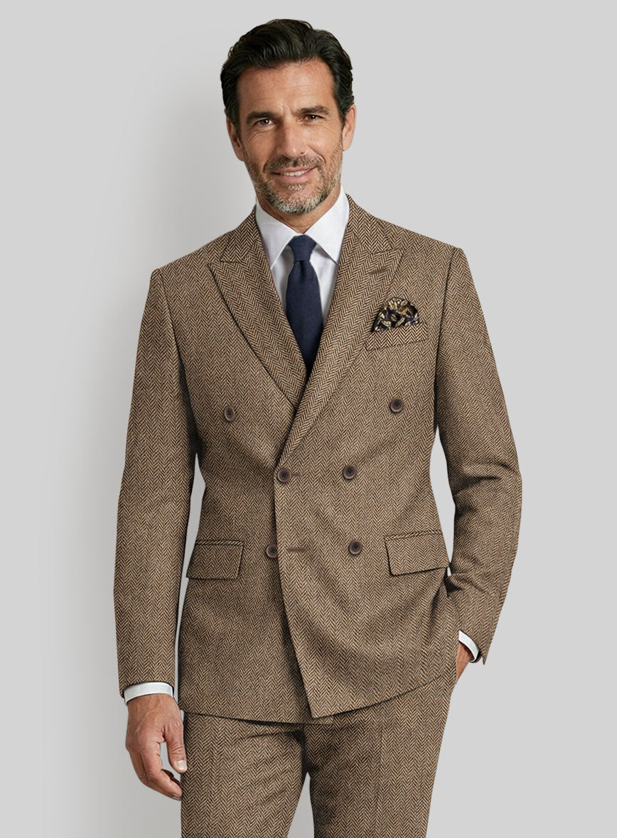 Irish Brown Herringbone Tweed Double Breasted Suit - StudioSuits
