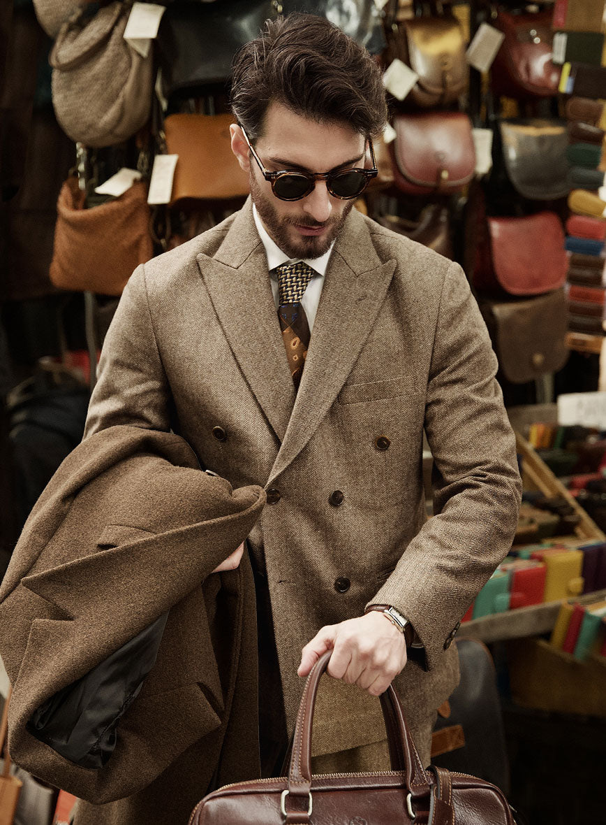 Irish Brown Herringbone Tweed Double Breasted Jacket - StudioSuits