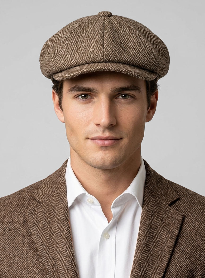 Irish Brown Herringbone Tweed Newsboy Cap - StudioSuits