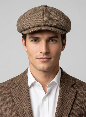 Irish Brown Herringbone Tweed Newsboy Cap - StudioSuits