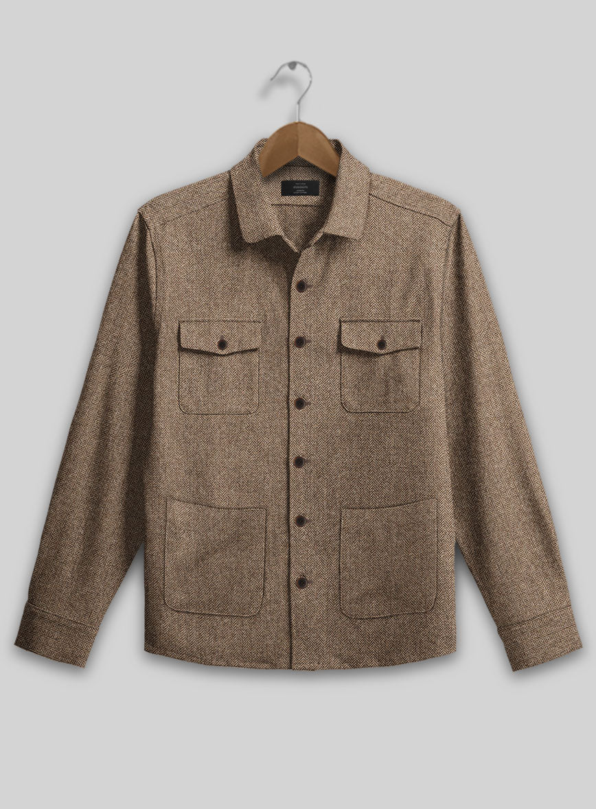 Irish Brown Herringbone Tweed Overshirt - StudioSuits