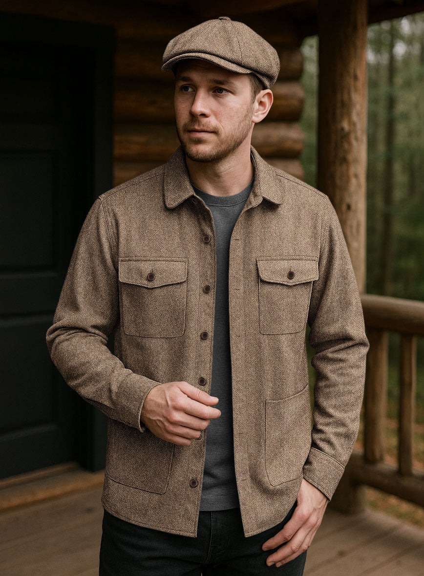 Irish Brown Herringbone Tweed Overshirt - StudioSuits