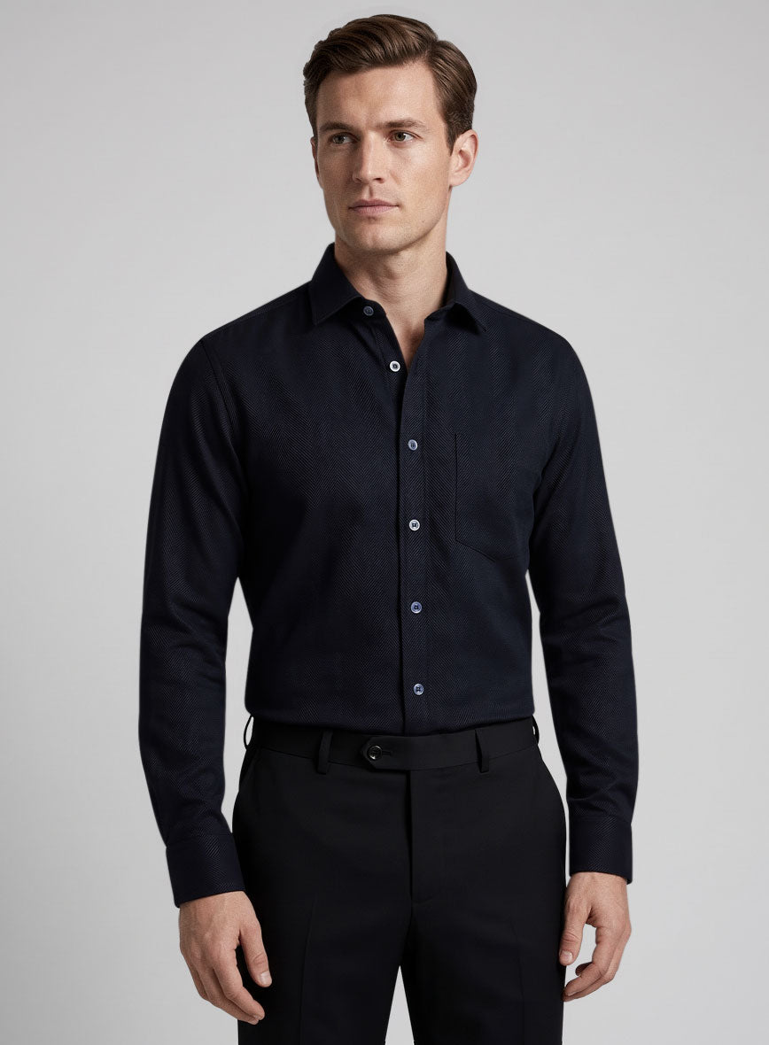 Italian Navy Blue Wide Herringbone Shirt - StudioSuits
