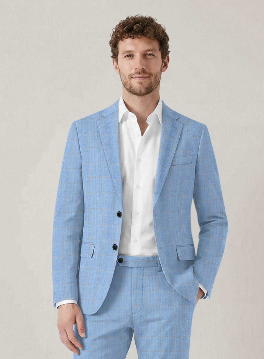 Italian Prato Blue Windowpane Linen Suit - StudioSuits