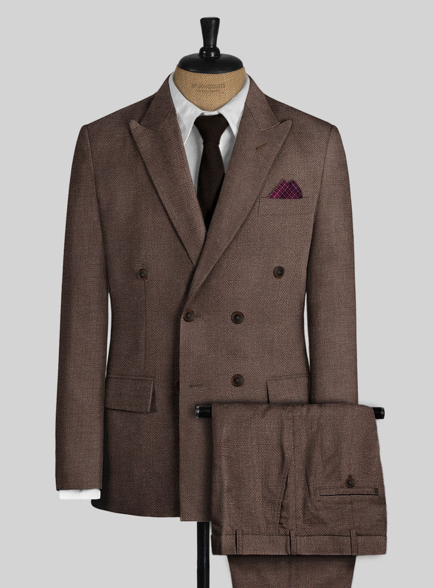 Italian Prato Brown Dobby Linen Double Breasted Suit - StudioSuits