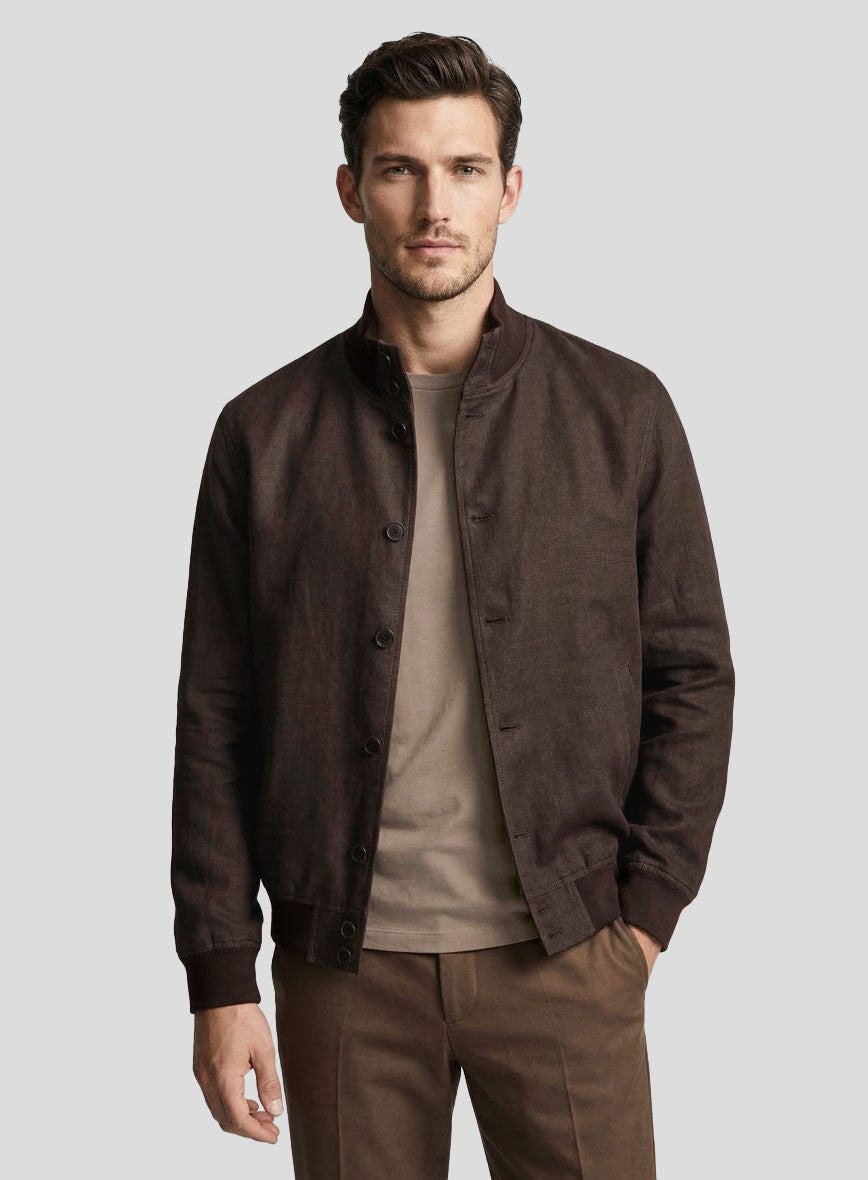Italian Prato Brown Linen Bomber Jacket - StudioSuits