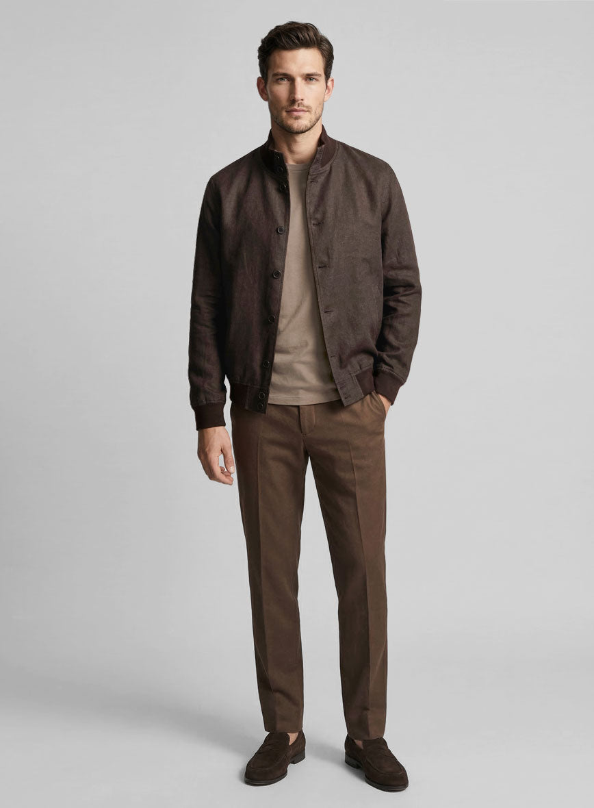 Italian Prato Brown Linen Bomber Jacket - StudioSuits
