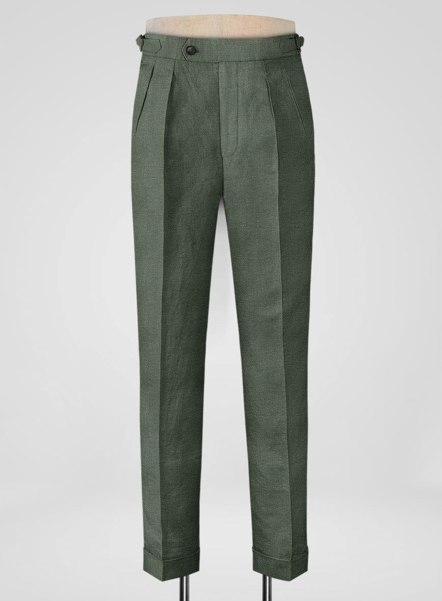 Italian Prato Green Dobby Linen Highland Trousers - StudioSuits