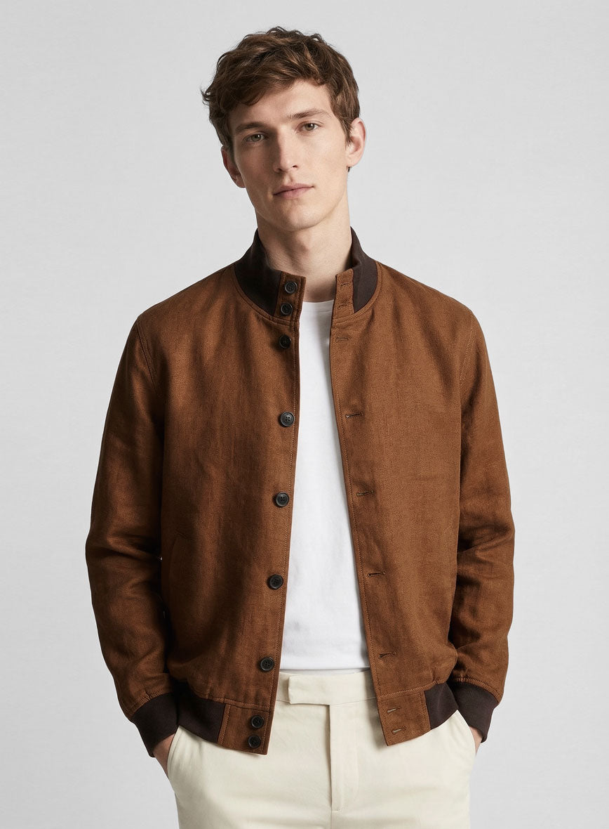 Italian Prato Rust Linen Bomber Jacket - StudioSuits