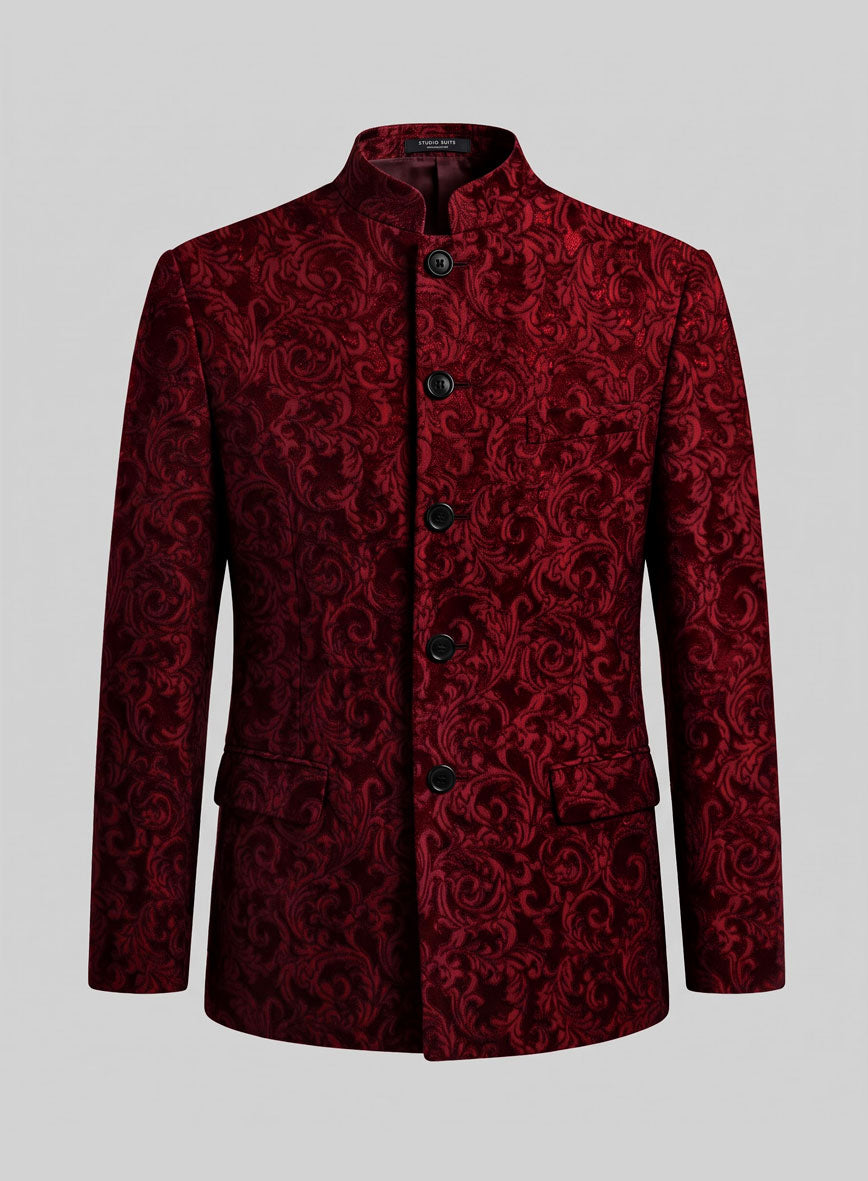 Front view of a red Italian silk Nehru jacket with floral pattern, stand collar and five buttons