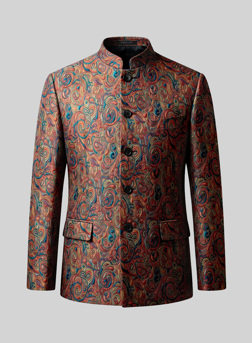 Front view of an Italian silk Nehru jacket in red, blue and gold paisley with stand collar