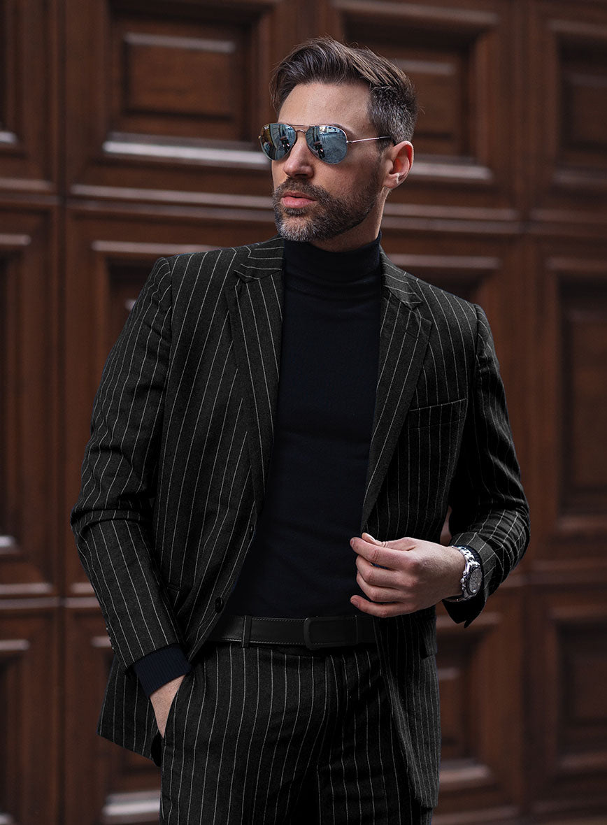 Italian Afito Black Chalkstripe Flannel Jacket - StudioSuits