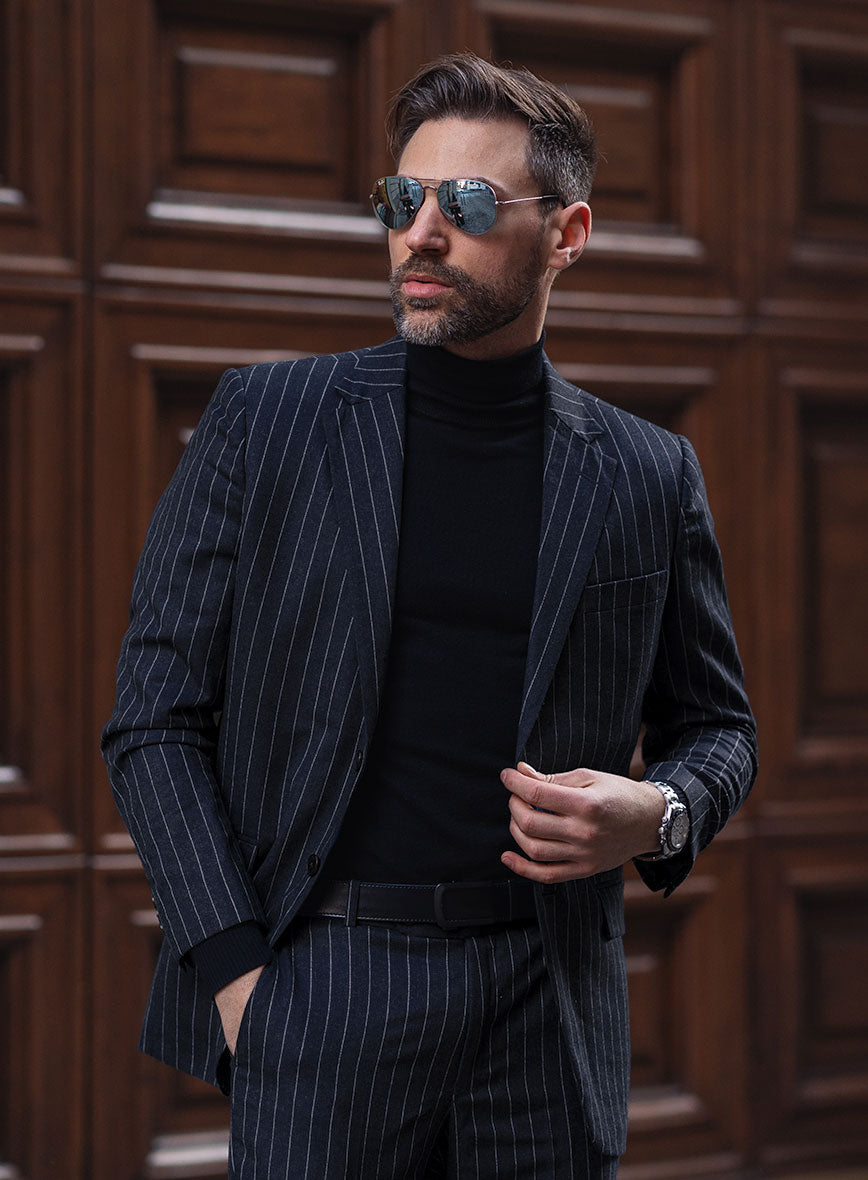 Italian Afito Indigo Blue Chalkstripe Flannel Jacket - StudioSuits