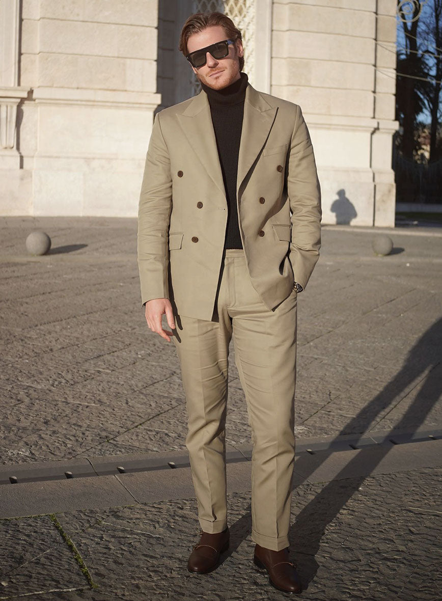 Italian Beige Cotton Stretch Double Breasted Suit - StudioSuits