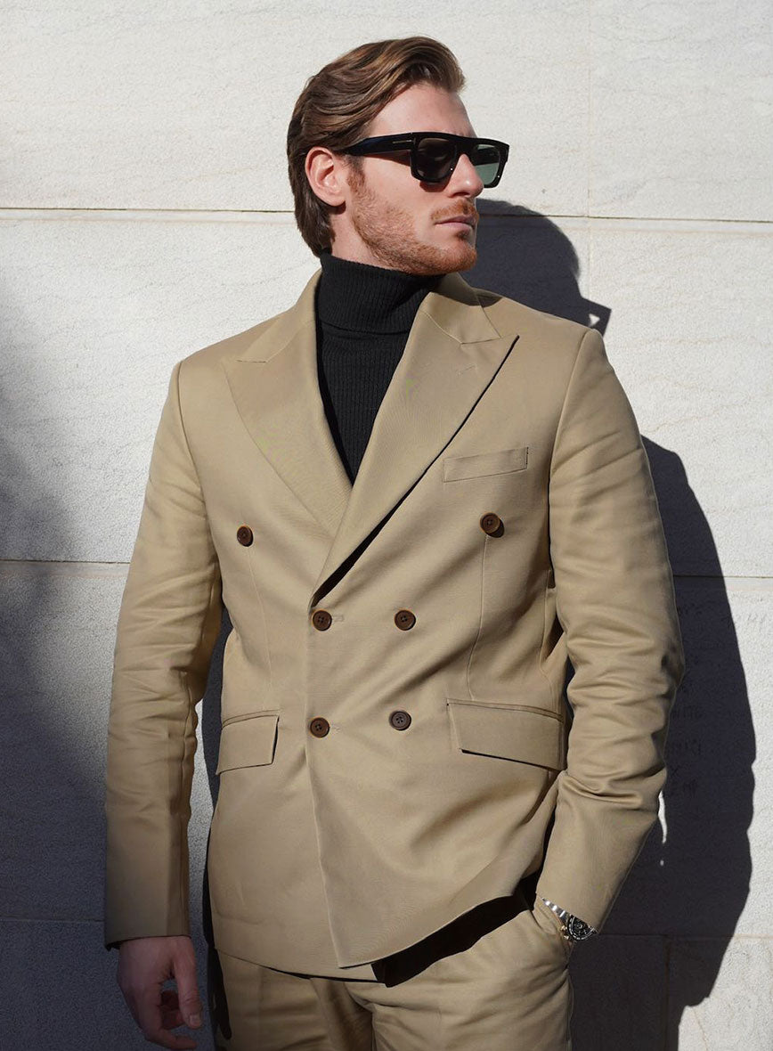 Italian Beige Cotton Stretch Double Breasted Suit - StudioSuits