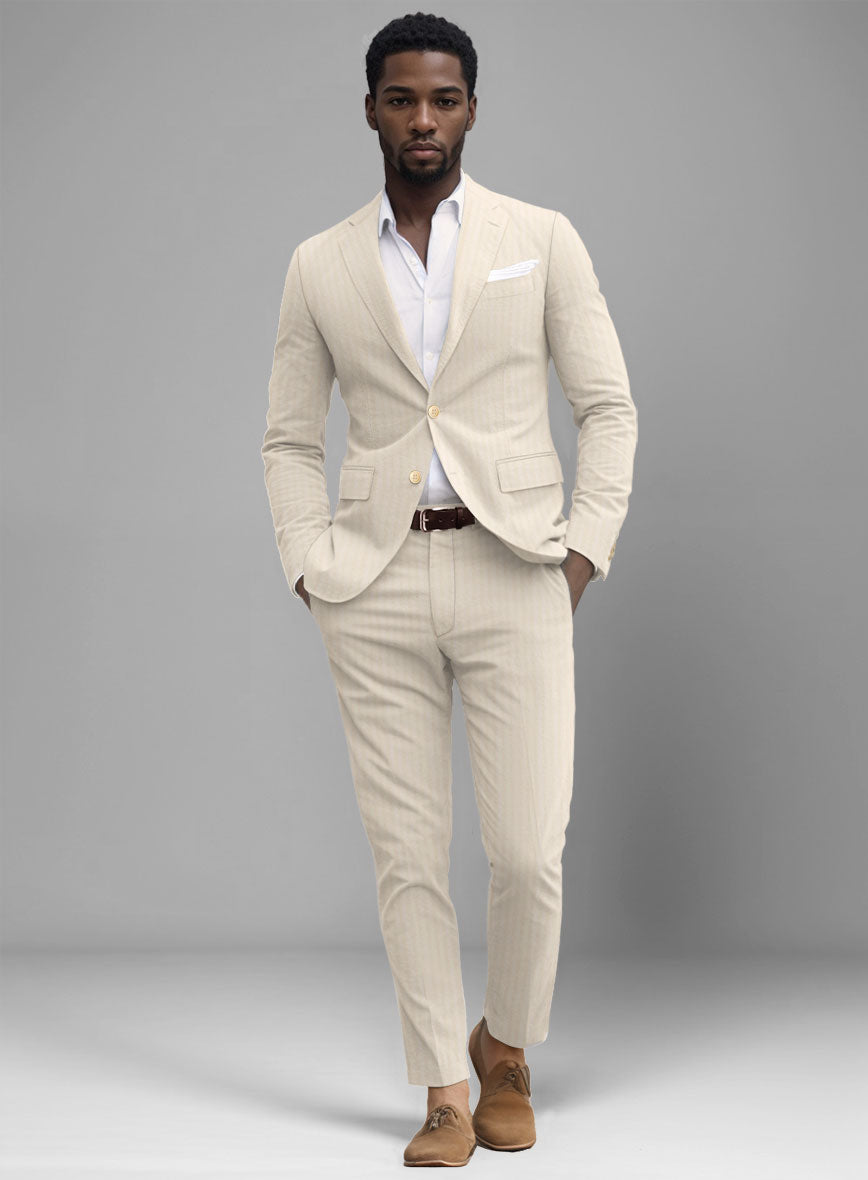 Italian Beige Herringbone Cotton Suit - StudioSuits