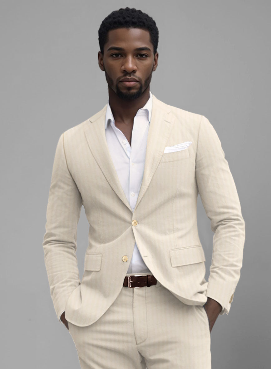 Italian Beige Herringbone Cotton Suit - StudioSuits