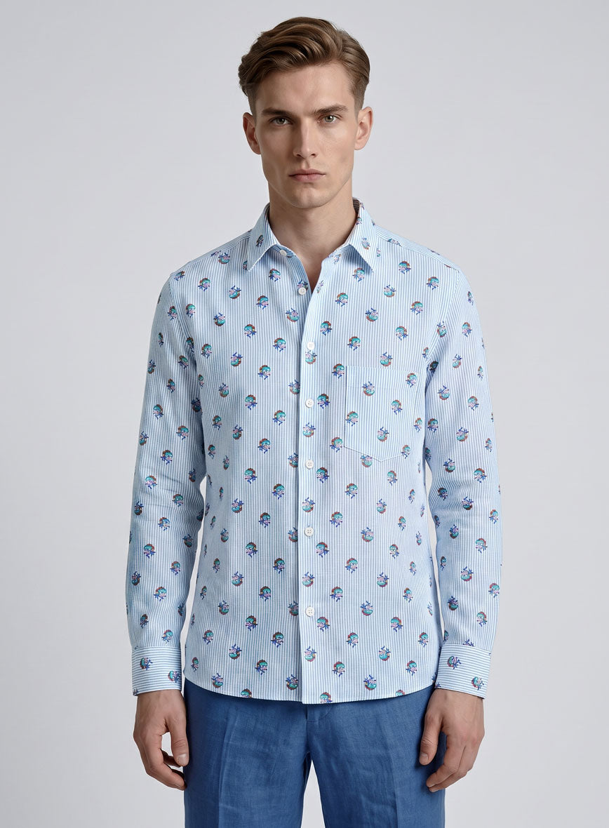 Italian Bengal Stripe Blue Summer Linen Shirt - StudioSuits