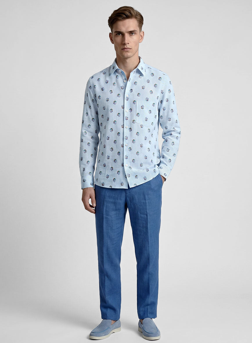 Italian Bengal Stripe Blue Summer Linen Shirt - StudioSuits
