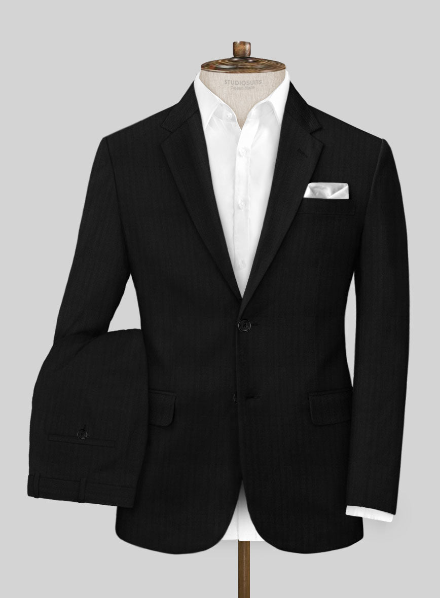Italian Black Herringbone Cotton Suit - StudioSuits