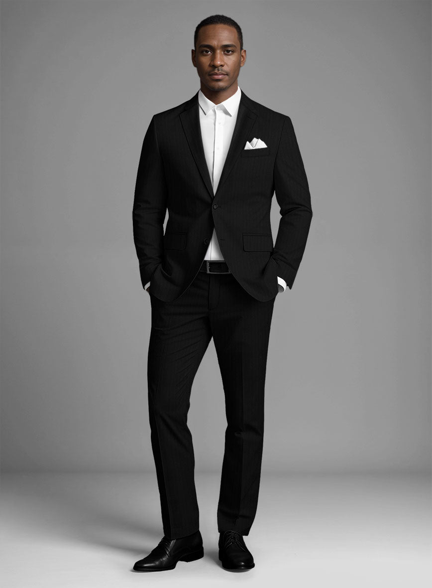 Italian Black Herringbone Cotton Suit - StudioSuits