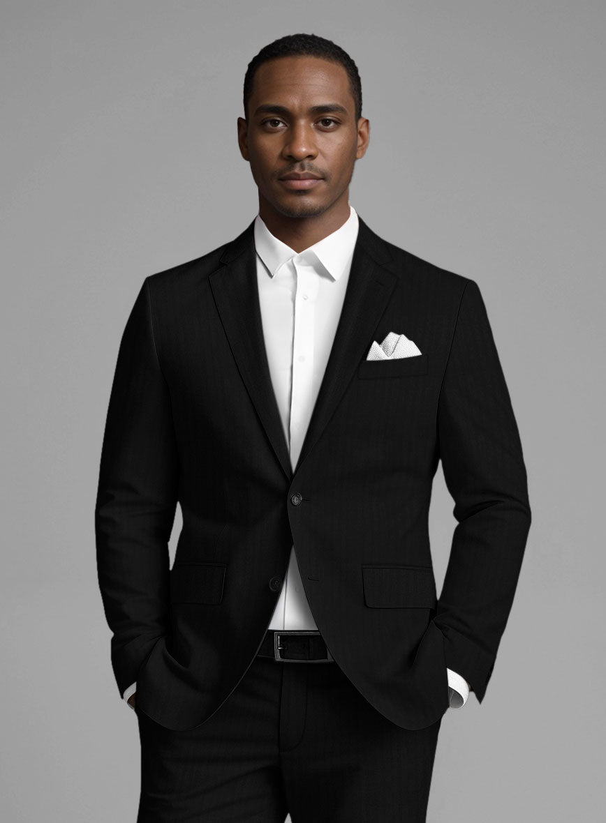 Italian Black Herringbone Cotton Suit - StudioSuits