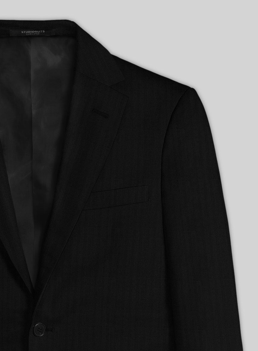 Italian Black Herringbone Cotton Suit - StudioSuits