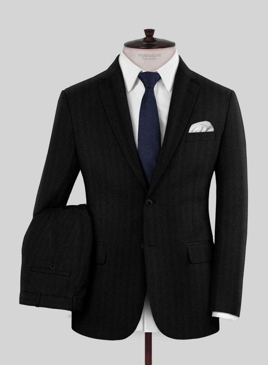 Italian Black Herringbone Flannel Suit - StudioSuits