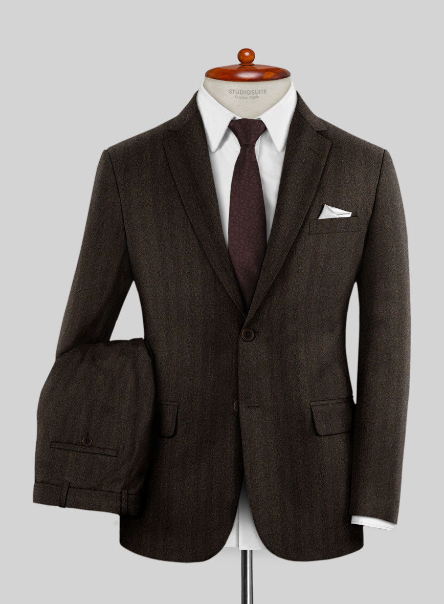 Italian Dark Brown Herringbone Flannel Suit - StudioSuits