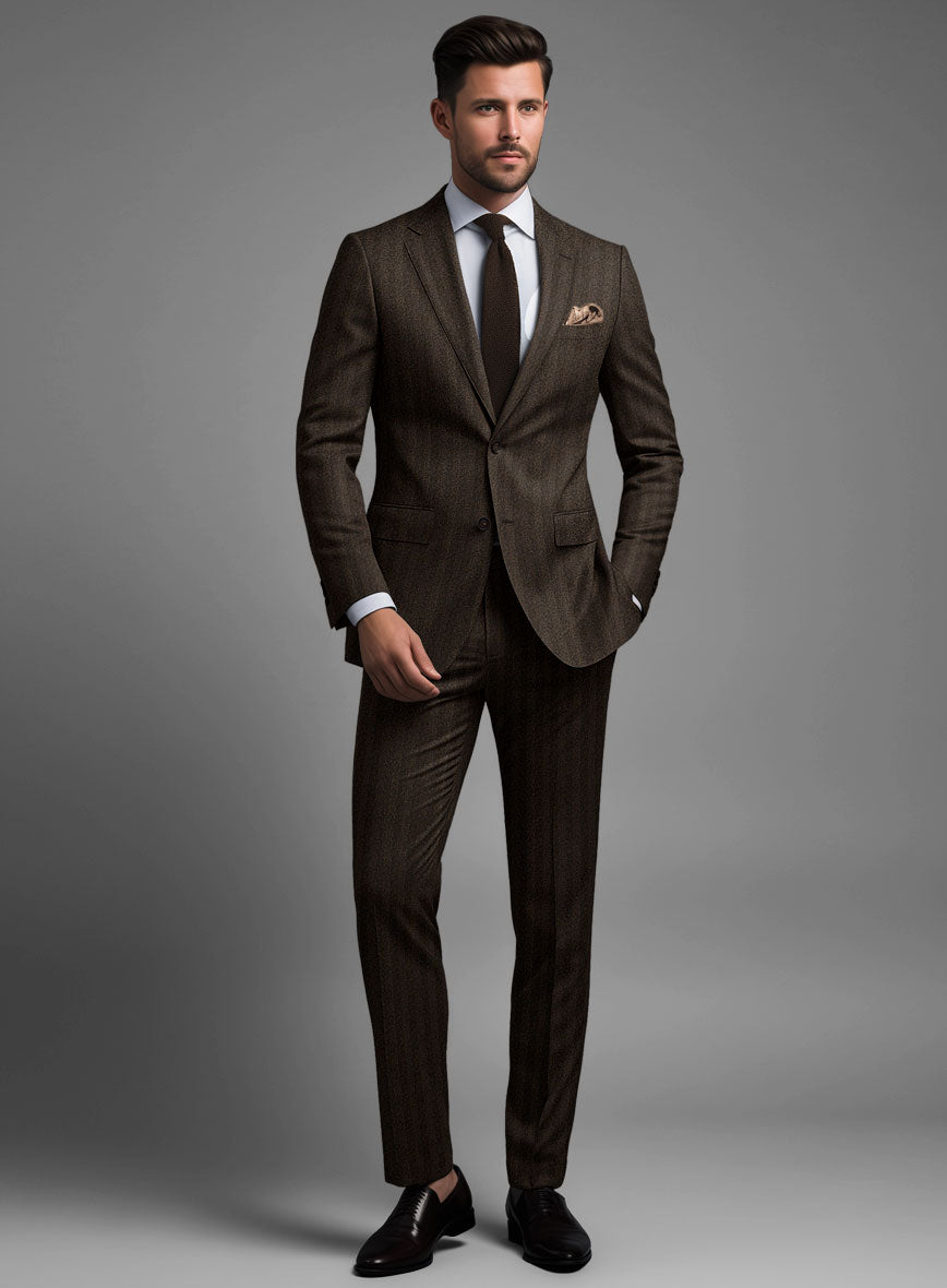 Italian Dark Brown Herringbone Flannel Suit - StudioSuits