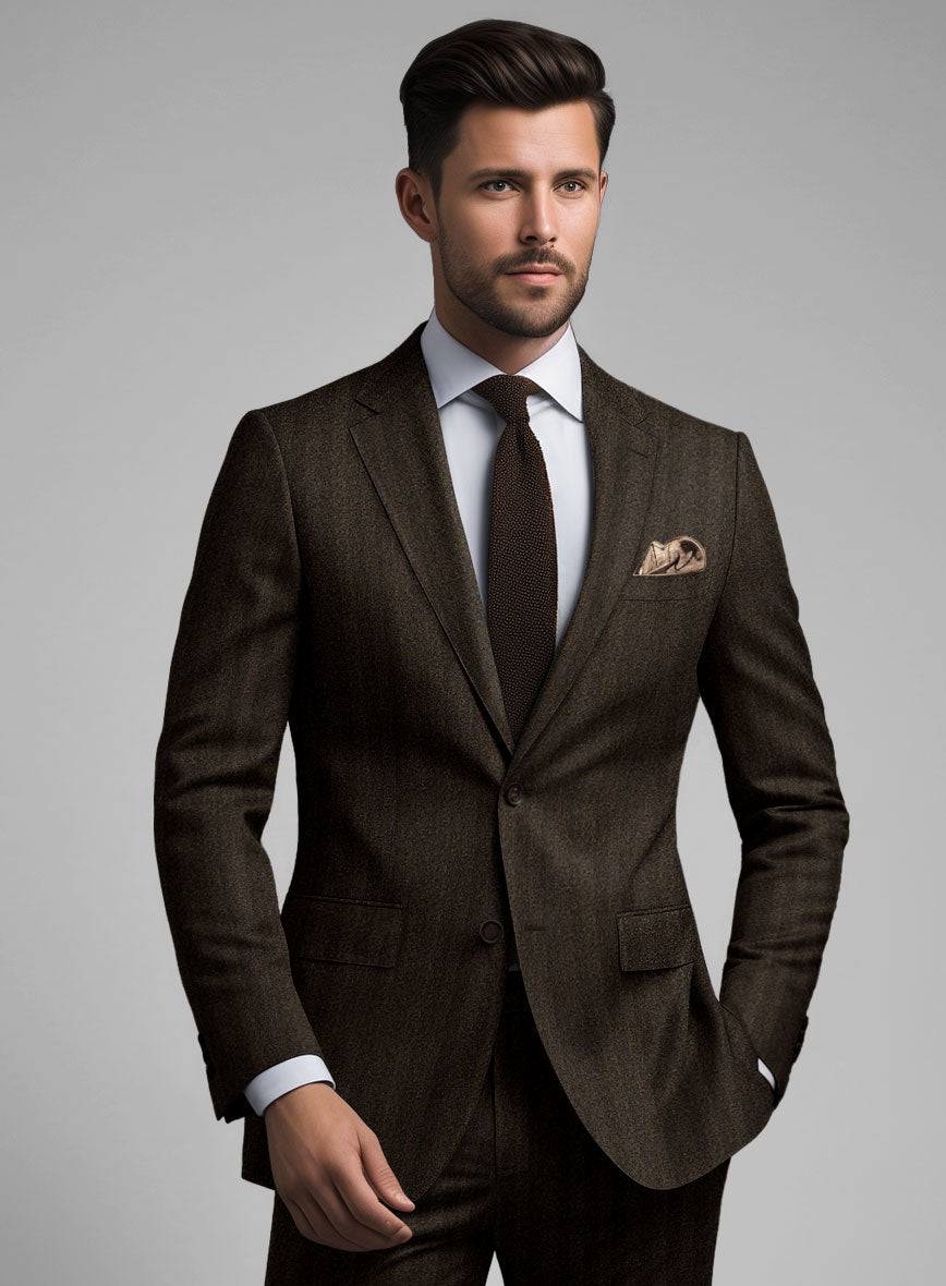 Italian Dark Brown Herringbone Flannel Suit - StudioSuits