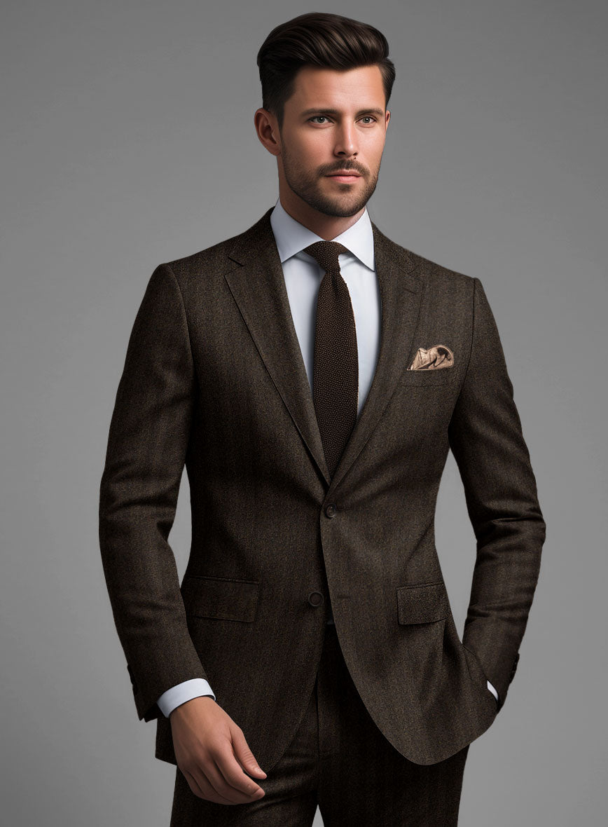 Italian Dark Brown Herringbone Flannel Suit - StudioSuits