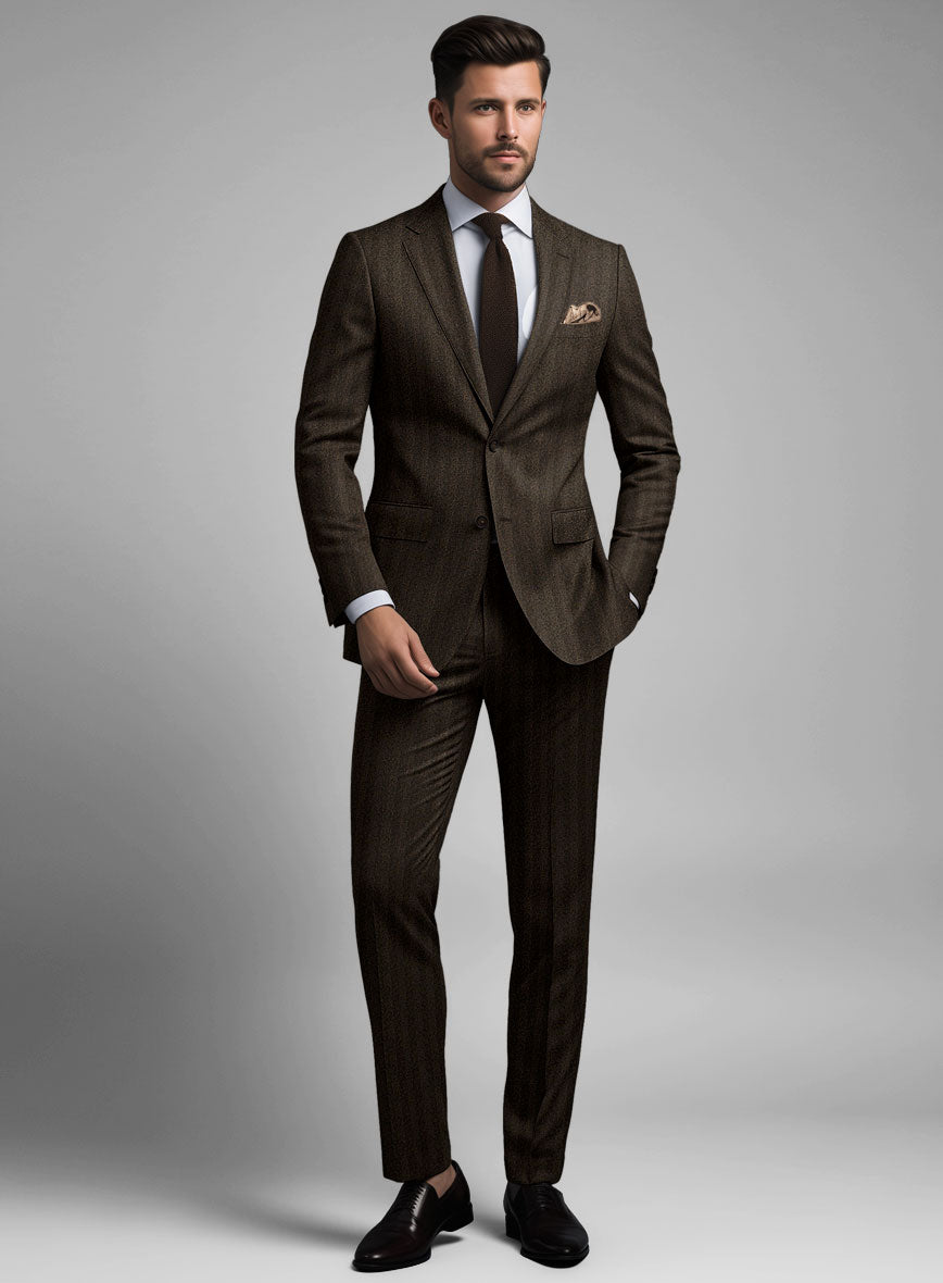 Italian Dark Brown Herringbone Flannel Suit - StudioSuits