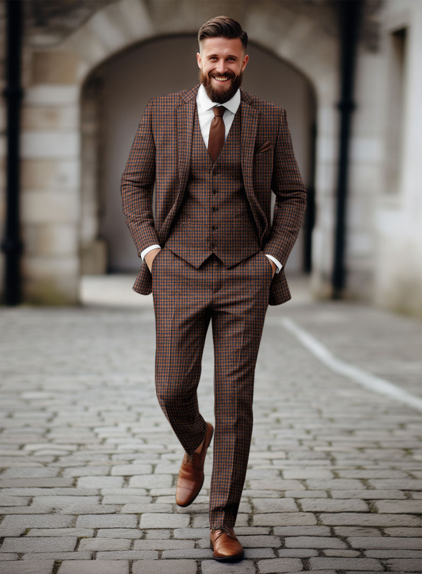 Italian Dark Brown Houndstooth Tweed Suit - StudioSuits