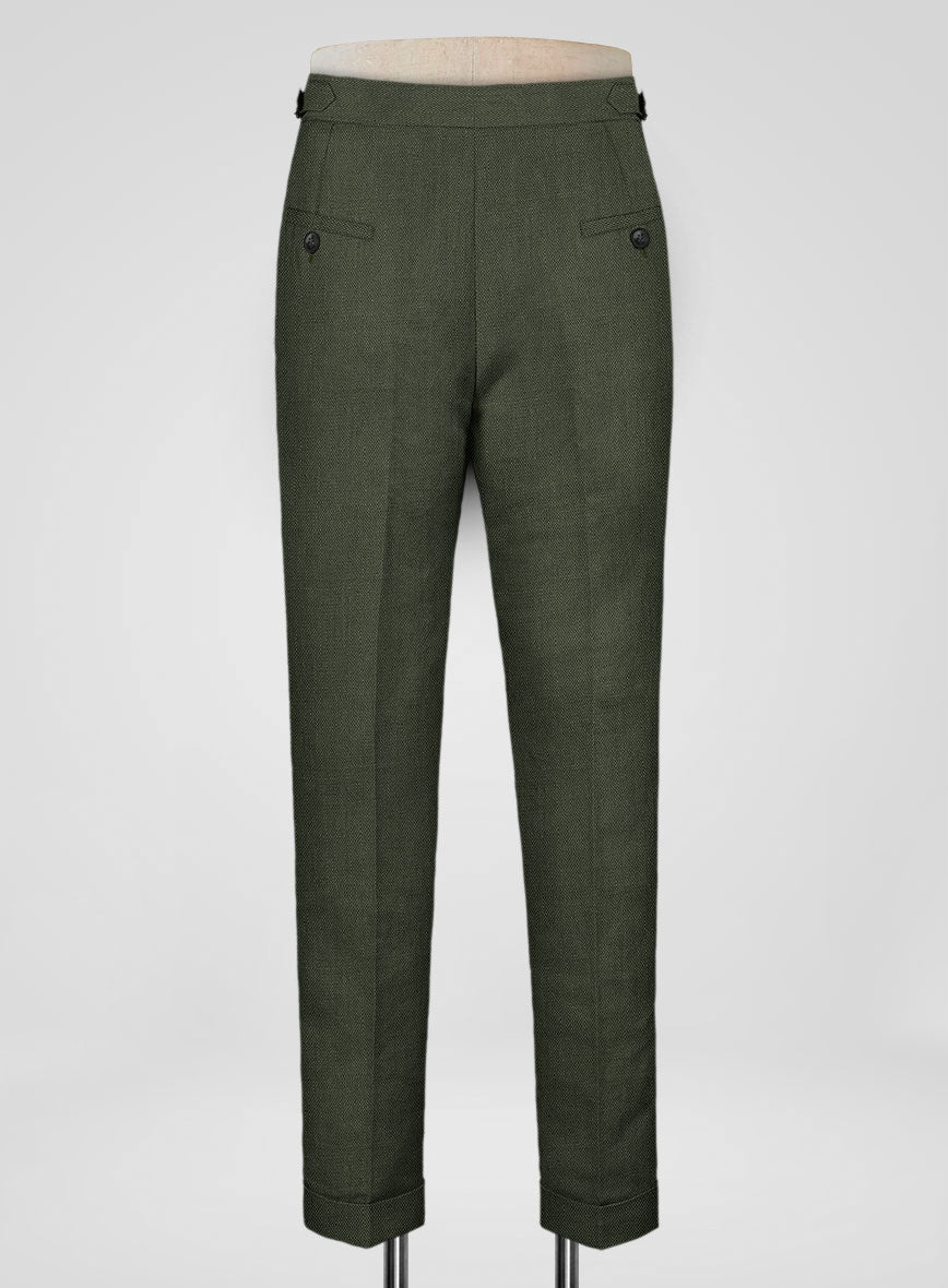 Italian Dark Green Linen Highland Trousers - StudioSuits