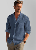 Italian Foulard Dark Blue Summer Linen Shirt - StudioSuits