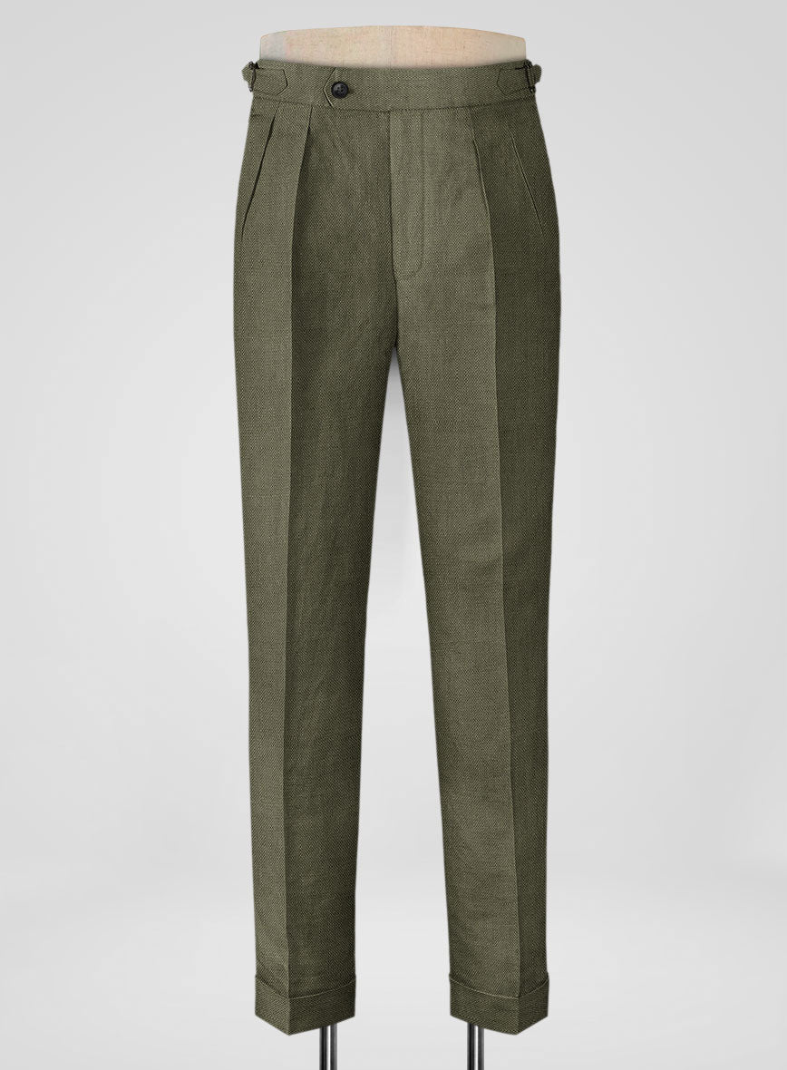 Italian French Green Linen Highland Trousers - StudioSuits