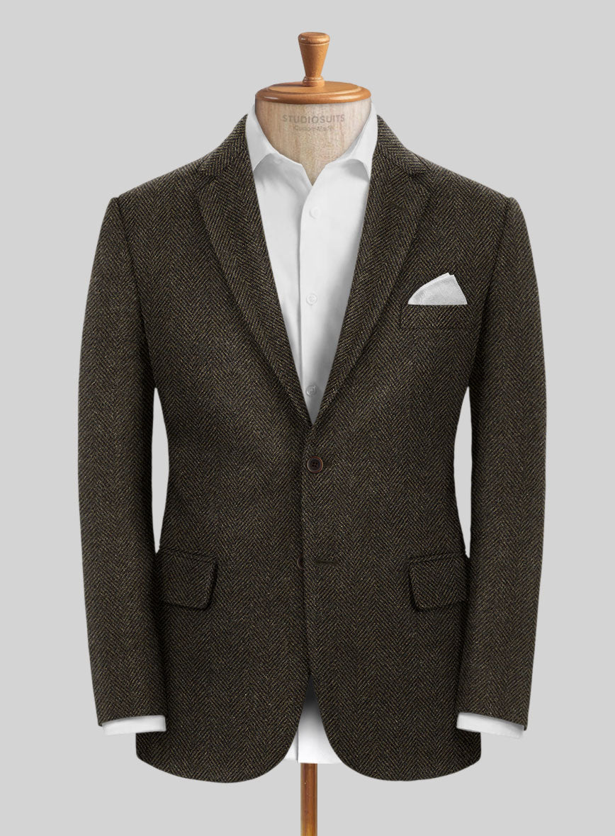 Italian Highlander Army Green Herringbone Tweed Jacket - StudioSuits