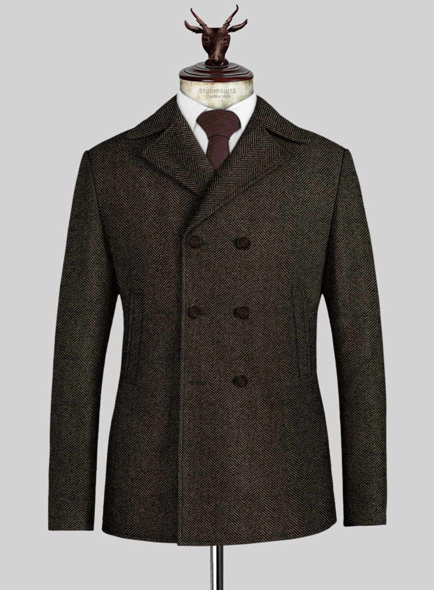 Italian Highlander Army Green Herringbone Tweed Pea Coat - StudioSuits