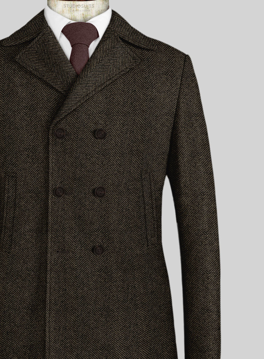 Italian Highlander Army Green Herringbone Tweed Pea Coat - StudioSuits