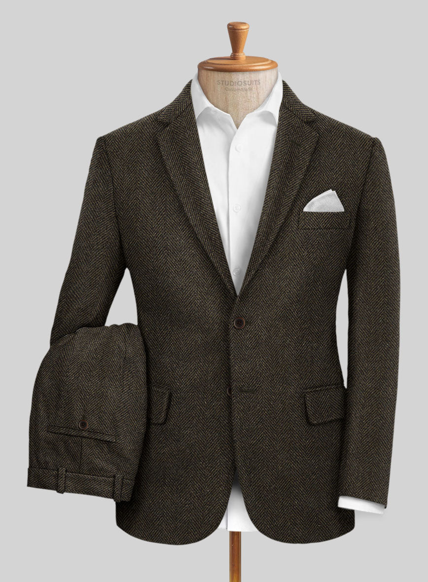 Italian Highlander Army Green Herringbone Tweed Suit - StudioSuits