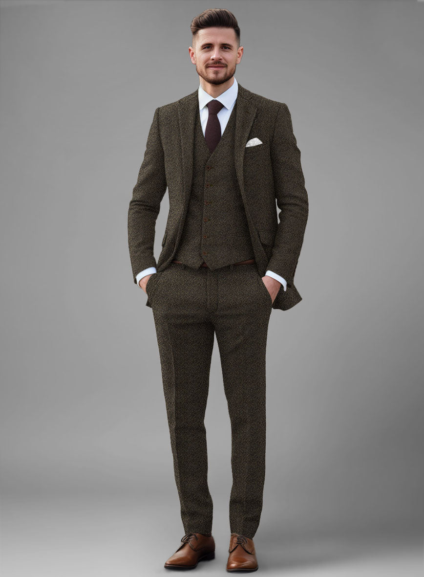 Italian Highlander Army Green Herringbone Tweed Suit - StudioSuits