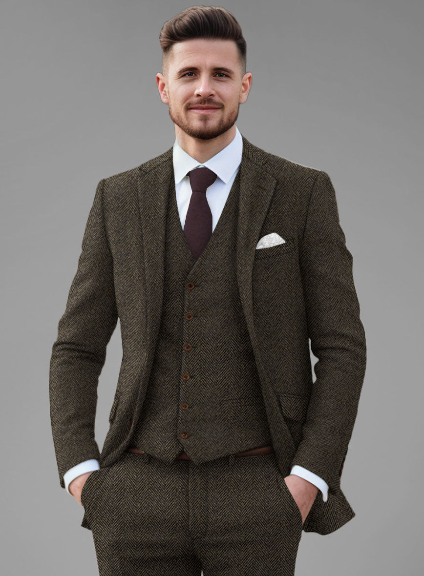 Italian Highlander Army Green Herringbone Tweed Suit - StudioSuits